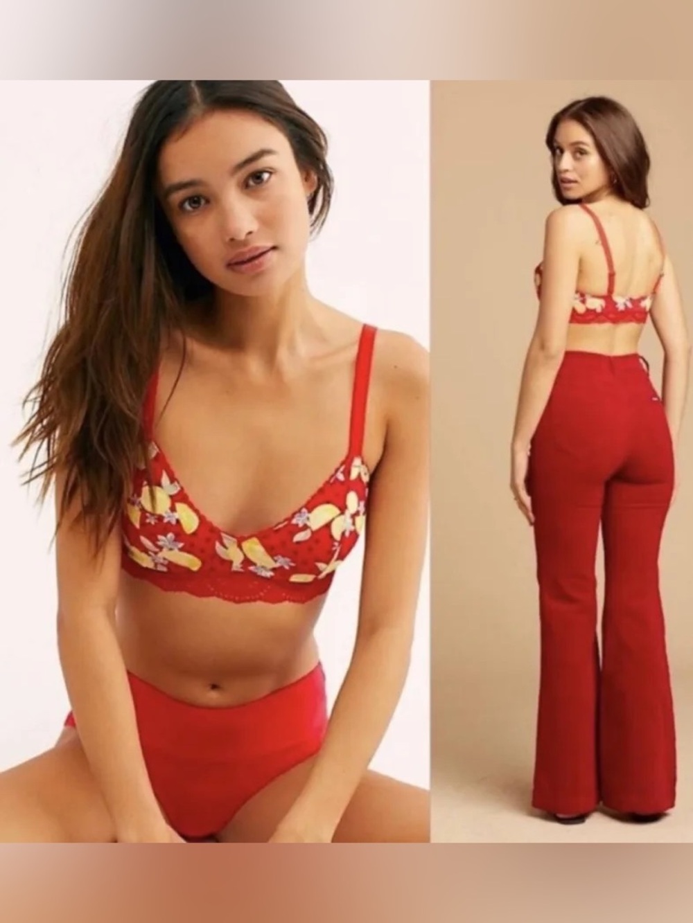Like New Free People Red Lace Bralette with Lemons and Polka Dots